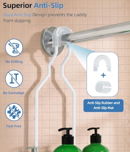 Adjustable Shower Caddy Hanging, Extended Length Organizer Over Shower Head, 3 Tier Long Neck Shower Rack with Soap Holder for Large Storage, White
