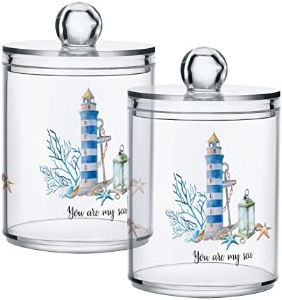 ALAZA Bathroom Canister Set of 2, Watercolor Hand Drawn Nautica Nautical Coastal Lighthouse Anchor Plastic Jars Holder Dispense Qtip Holder Storage Jars with Lids,Home Decor