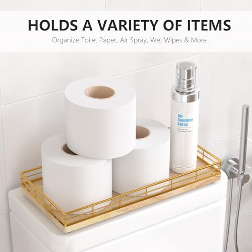 Toilet Paper Basket Organizer, Oak Wood Toilet Tank Tray with Metal Frame