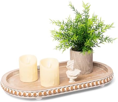 HPC Decor 15in Oval Tray for Home Decor - Brown Wood Beaded Tray - Decorative Serving Tray,Rustic Farmhouse Wooden Trays for Vintage Centerpiece,Kitchen Counter,Living Room Decor,Coffee Table Decor.