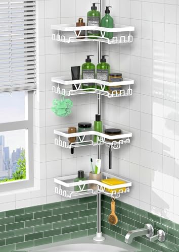 KEGII Corner Shower Caddy Tension Pole, Bathroom Storage, Matte White