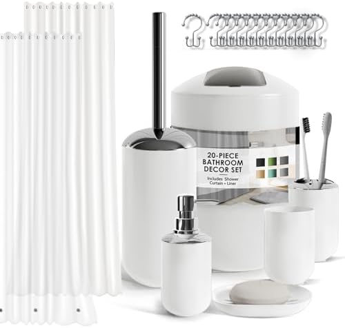 Clara Clark Bathroom Set - White Bathroom Accessories Set, 20PC Bathroom Accessory Set, Shower Curtain Set with Liner, Toothbrush Holder, Soap Dispenser, Soap Dish, Toilet Brush Holder, and Trash Can