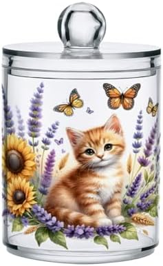 MNSRUU 2 Pack Qtip Holder Organizer Dispenser Cute Ginger Kitten and Flowers Pink Bathroom Storage Canister Cotton Ball Holder Bathroom Containers for Cotton Swabs/Pads/Floss