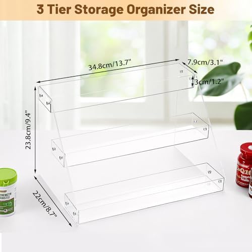 BSTKEY 3 Tier Vitamin Bottles Organizer, Acrylic Widen Tiered Tray for Medicine Bottle Prescription Bottles, Pill Bottle Organizer, Spice Rack Shelf Vanity Storage for Cabinet Kitchen Countertop