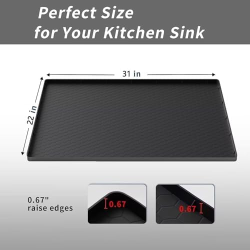 Under Kitchen Sink Mat 31" x 22", SAZTEAY Waterproof Silicone Under Sink Tray, Under Sink Protector Mat for Bathroom and Kitchen Cabinets(Black)