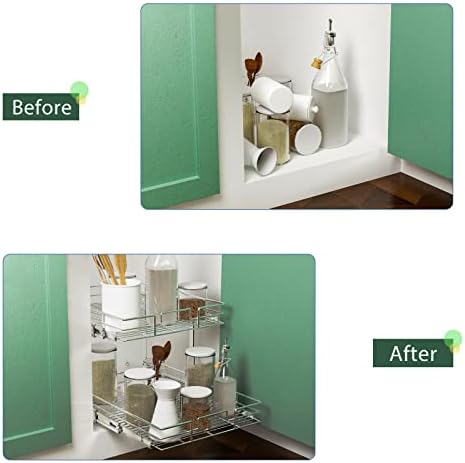 LOVMOR 2 Tier Individual Pull Out Cabinet Organizer 14" W x 18" D, Slide Out Kitchen Cabinet Storage Sliding Shelves