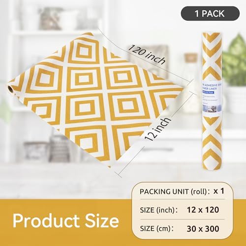 FIFTY FEET 12"x120" Non-Adhesive Shelf Liner for Kitchen Cabinets and Drawers, Washable Non-Slip PVC Cabinet Liner (Yellow Plaid)(1 Roll)