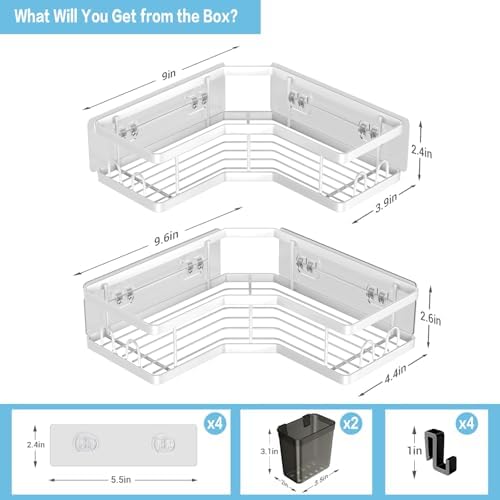 AKTECKE Shower Caddy Corner Organizer Shelf: 2Pack Adhesive Shower Essentials Accessories - No-Drilling Stainless Steel Bathroom Storage Rack with Hooks