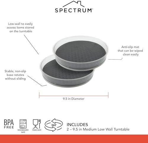 Spectrum Medium Lazy Susan Organizers 9.5 in Pack of 2 for Cabinet Pantry Table Rotating Kitchen Storage Spice Rack Fridge Organization, Charcoal Gray Spinning Turntable for Sauces Jams Condiments