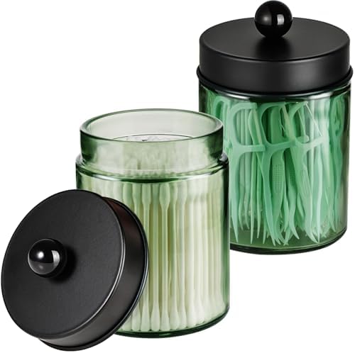 Amolliar Green Glass Apothecary Jar, Qtip Holder for Bathroom, Black 2 Pack