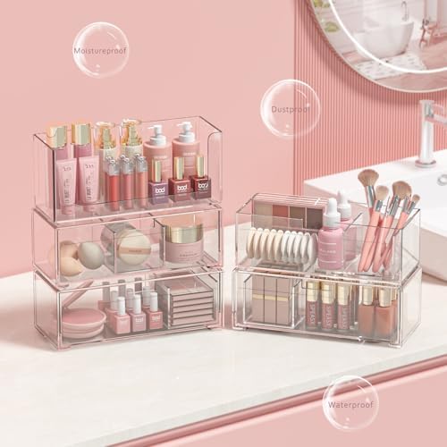 Bathroom Drawer Organizer Stackable Storage Drawers Clear Plastic Storage Bins Medicine Cabinet Organizer Makeup Organizers w Removable Divider Home Workspace Office Desktop Vanity Gift Idea 3Pack