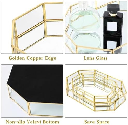 Jetec 3 Pieces Mirror Glass Vanity Tray Gold Ornate Makeup Tray Metal Vintage Octagonal Perfume Dresser Trays for Bedroom Home Decor Dresser Hotel, 3 Sizes