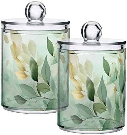 Vnurnrn Green Gold Leaves Clear Plastic Jar Set for Cotton Swab Cotton Ball Cotton Round Pads Floss, Bathroom Canisters Storage Organizer, Vanity Makeup Organizer 2 Pack