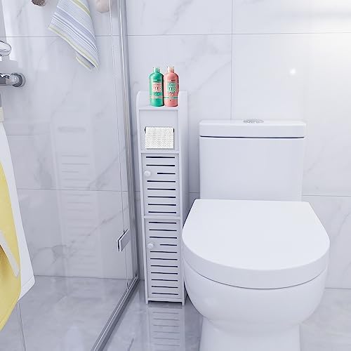 Small Bathroom Storage Cabinet, Over The Toilet Storage Cabinet for Skinny Bathroom Floor, Slim Toilet Paper Storage with Double Doors & Shelves - White