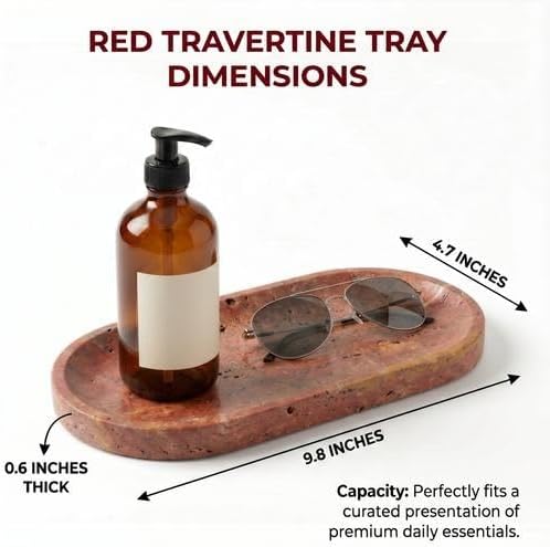 YKAJO Red Travertine Oval Marble Tray, 9.8x4.7 Vanity Perfume Organizer | Honed natural stone; jewelry & trinket dish, ring & key holder, soap & candle catchall; bath counter, dresser, coffee table