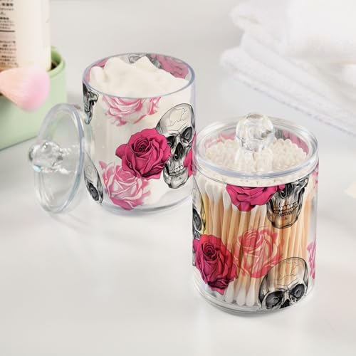 2 Pack Qtip Holder Dispenser Skull Rose Flower Bathroom Storage Canister Lid Acrylic Plastic Apothecary Jar Set Vanity Makeup Organizer for Cotton Swab/Ball/Round Pads, Floss