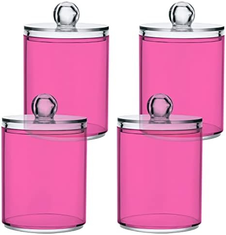 SHJI Hot Pink Qtip Holder Organizer Dispenser Cotton Swabs Cans Plastic Jars with Lid Set 2 Pack Bathroom Storage Canister for Cotton Ball Floss Cotton Pads