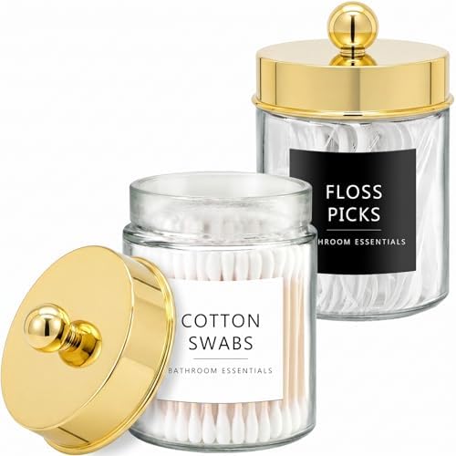 Amolliar Glass Apothecary Jars Qtip Holder w/Plastic Lids,Gold 2pc