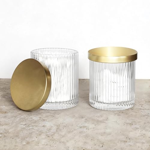 2 Pack Qtip Holder Dispenser with Metal Lids | Ribbed Glass Canister Set for Bathroom Vanity (Gold 2 Pcs)