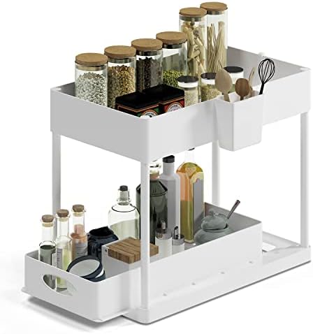 Under Sink Organizers and Storage | Bathroom Cabinet Organizer, Sink Shelf with Utility Hooks and Side Caddy for Under Cabinet Storage | White (1-Pack) Under Kitchen Sink Organizer with Sliding Drawer