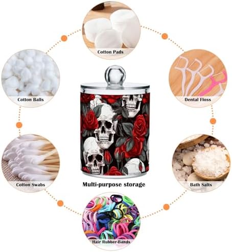 4 Pack Elegant Skulls with Red Roses Flowers Qtip Dispenser 10 Oz Apothecary Jars Clear Bathroom Storage Containers for Cotton Ball, Swab, Floss, Makeup Sponges, Hair Clip