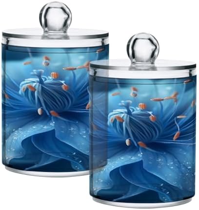 ALAZA Blue Flower Blossom 2 Pack Qtip Holder Dispenser for Cotton Swabs, Balls, Pads, Floss 10 oz Plastic Canister Organizer
