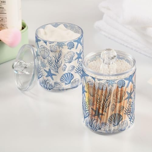 ALAZA Seashell Coral Starfish Blue 4 Pack Qtip Holder Dispenser for Cotton Swabs, Balls, Pads, Floss 10 oz Plastic Canister Organizer