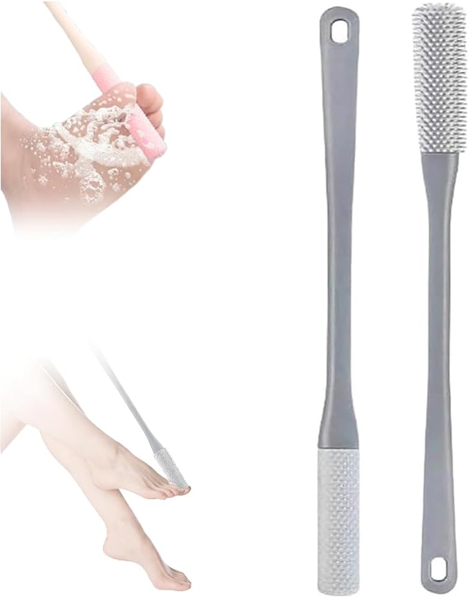 Toe Cleaning Brush, Silicone Toe Gap Cleaner 15.7inch Long Handled Foot Brush for Seniors, Soft Rubber Brush Exfoliating Foot Scrubber for Shower - Seniors, Men and Women (Grey)