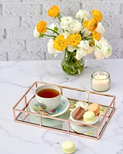 JollyCaper Rosegold Mirror Vanity Tray, Rectangle 12x8x2 Inches - Jewelry, Perfume, Makeup Organizer - Decorative Metal Tray for Dresser, Bathroom, Living Room, Bar Cart