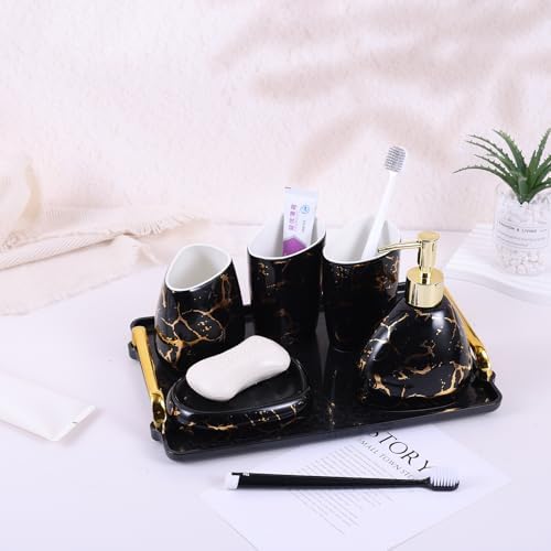 Black Bathroom Accessories Set,Gold Marble Look Bathroom Decor,Modern 6 Piece Bathroom Accessory Set,Complete with Soap Dispenser,Toothbrush Holder,Tumbler,Tray Countertop