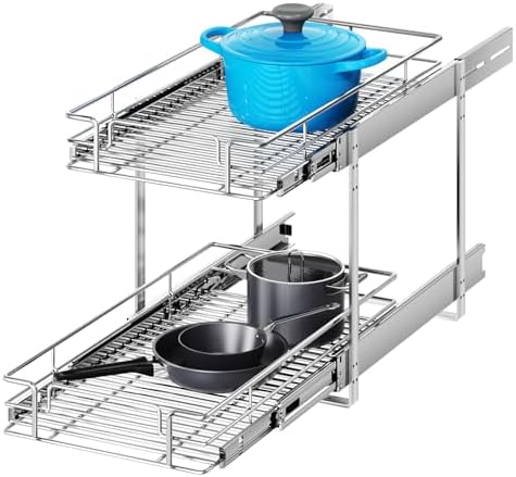 2 Tier Individual Pull Out Cabinet Organizer 13½" W x 18" D, Heavy Duty Cabinet Pull Out Shelves, Slide Out Drawers Organization for Kitchen Cabinets Bathroom