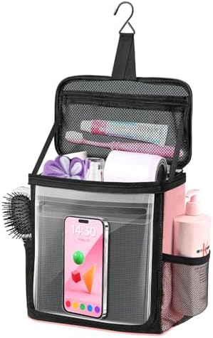 Portable Hanging Shower Caddy, Large Capacity Travel Toiletry Bag for Men & Women, Bath Organizer with Hook & Waterproof Phone Compartment, for Gym, Travel, Dorm, Picnic, Bathroom(Pink)