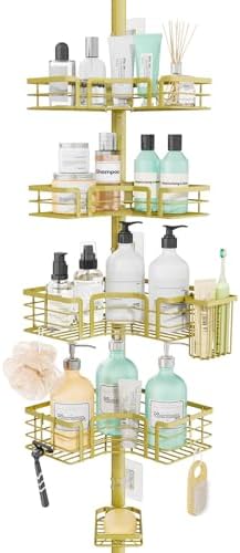 SWTYMIKI Shower Caddy Tension Pole - 4-Tier Corner Shower Organizer Tension Rod with Soap Holder, Toothbrush Holder & 4 Hooks, Adjustable Stainless Steel Shower Shelves 27.6 to 108.3 inch, Gold