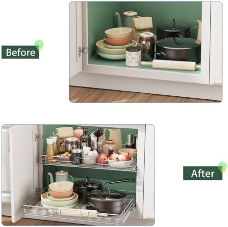 LOVMOR 2 Tier Individual Pull Out Cabinet Organizer 25½" W x 21½" D, Slide Out Kitchen Cabinet Storage Sliding Shelves