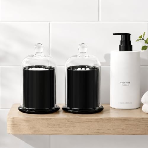 Qtip Holder Glass Apothecary Jars with Lids Bathroom Storage Black 2 Pack
