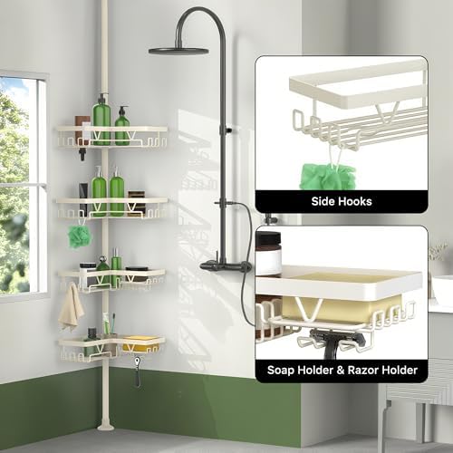 KEGII Shower Corner Caddy Tension Pole, Corner Bathtub Shelf, Cream White