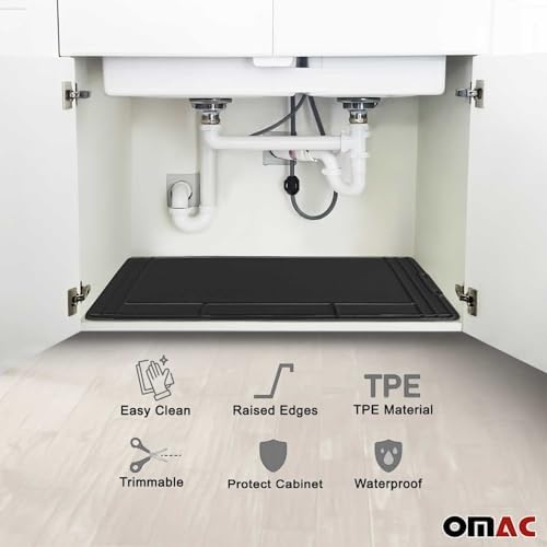 OMAC 2 Pcs Under Sink Mat for Kitchen & Bathroom 34" x 22" Adjustable Waterproof Cabinet Protector for Drips Leaks Spills Filexible Durable Multifunctional Under Sink Liner Rubber TPE (Black)