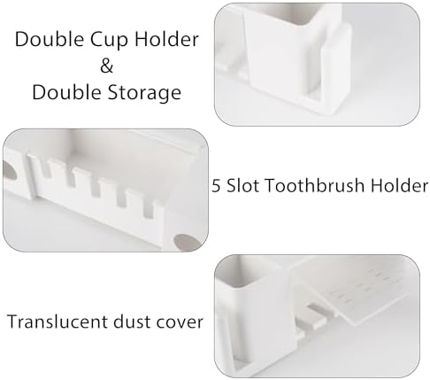 5 Slots Wall Mount Toothbrush Holder with Cover, Self Adhesive Toothbrush Storage Organizer for Shower, Toothpaste & Toothbrush Hanger for Bathroom, Medicine Cabinet, Dorm (White Large)