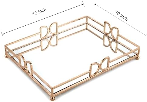 13X 10 Inch Glass and Gold Rectangle Tray ，Dinner Plate Perfume and Vanity Tray - Decorative Mirrored Vanity Tray with Gold Metal Cutout Design, Jewelry Organizer (13 Inch DD Tray)