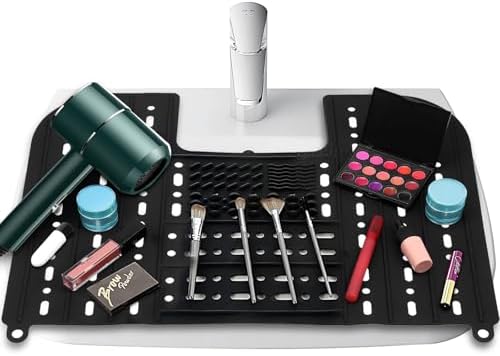 Bathroom Sink Cover for Counter Space,Foldable RV Sink Cover,Heat-Resistant Silicone Makeup Brush Cleaner Mat with Reinforced Steel Rod Frame,21.7x16.9 Inch Sink Covers with Hanging Loop