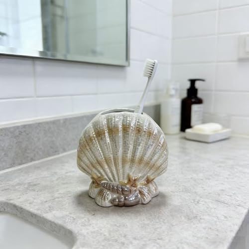 Ceramic Bathroom Accessory Set - 4 Piece Seashell & Starfish Decor, Includes Soap Dispenser, Toothbrush Holder, Soap Dish & Tumbler, Beach Themed Bath Decor (Yellow)