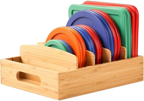 Umilife Bamboo Food Container Lid Organizer for Kitchen Cabinet and Drawer