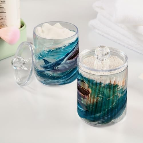 2 Pack Qtip Holder Organizer Dispenser Jumping Shark Blue Ocean Wave Bathroom Storage Canister Cotton Ball Holder Container for Cotton Pads/Swabs/Floss