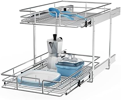 ROOMTEC Individual Pull Out Cabinet Organizer (14" W x 18" D), 2 Tier Spice Rack Organizer for Cabinet, Slide Out Drawer Pantry Shelf Organization and Storage for Kitchen Bathroom
