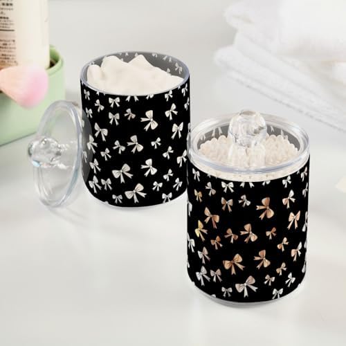 Gredecor 4 Pack Qtip Holder Clear Cute White Bow on Black Apothecary Jars with Lids Acrylic Bathroom Jars Vanity Countertop Canister Storage Organizer for Cotton Ball,Swabs,Pads,Floss