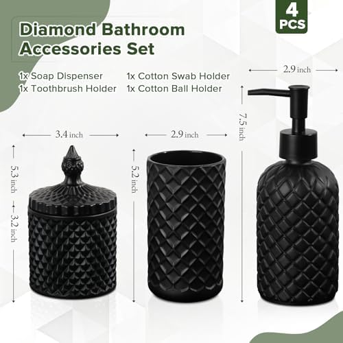RYTOXILO Matte Black Bathroom Accessories Set, 4 Pack Black Bath Accessory Sets Complete, Diamond Glass Soap Dispenser and Toothbrush Holder Set for Countertop, Gothic Decor Organizer Essentials