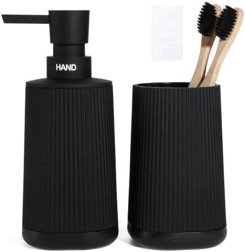 Black Bathroom Soap Dispenser and Toothbrush Holder Set with Non-Slip Base