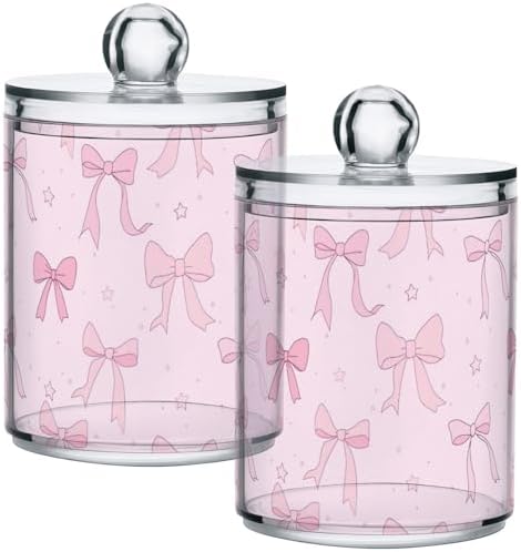 Gredecor 4 Pack Qtip Holder Clear Pink Ribbon Bow Star Apothecary Jars with Lids Acrylic Bathroom Jars Vanity Countertop Canister Storage Organizer for Cotton Ball,Swabs,Pads,Floss