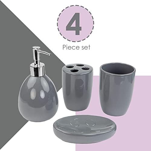 4-Piece Ceramic Bathroom Set (Grey), By Home Basics | Contemporary Design Bathroom Accessory Sets | Accessories For Bathroom | Includes Soap Dish, Tumbler, Toothbrush Holder, and Lotion Dispenser