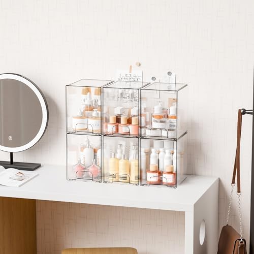 Yieach 7.5" High Stackable Storage Bins,4 Pack Bottle Station and Baby Bottle Storage Organizer for Countertop,Clear Acrylic Drawers for Pacifier,Breast Pump Parts,Storage Containers,Makeup and Lotion